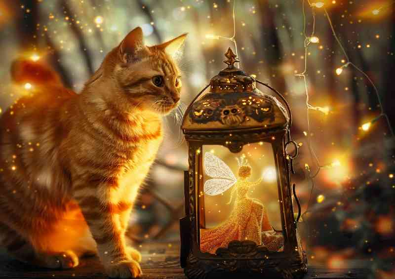 Orange tabby cat looking at the fairy in the lantern