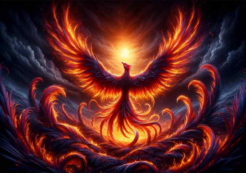 Phoenix feathers ablaze in fiery orange and deep reds