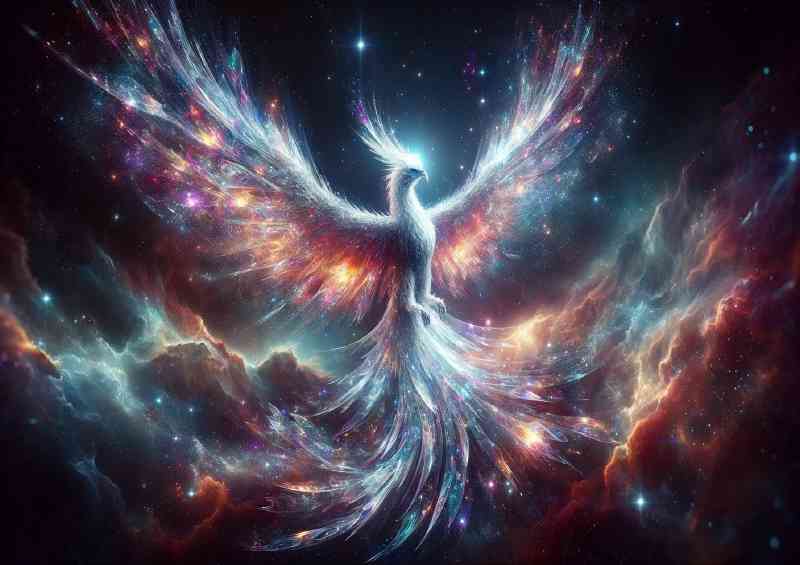 Phoenix made of shimmering glass and light rising from a nebula cloud