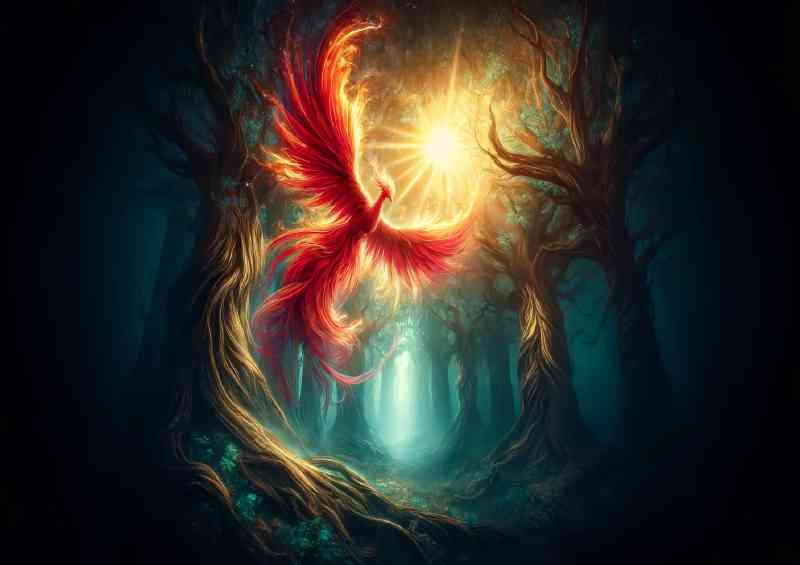 Phoenix vibrant red and gold feathers rising majestically