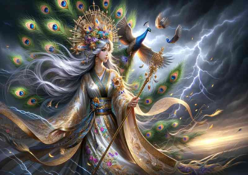 Regal goddess wearing a crown of vibrant peacock feathers