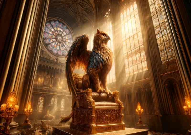 Regal griffin seated on a golden throne inside a grand cathedral