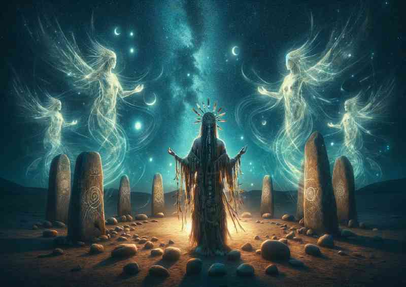 Shaman communicating with ancestral spirits under a starlit sky