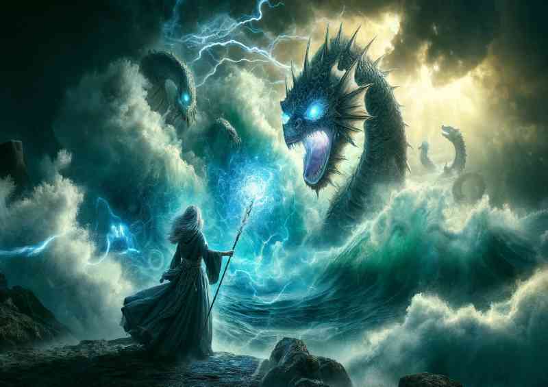Sorceress confronting a massive sea monster