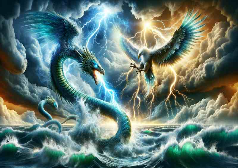 Titanic battle between a sea Serpent and a Thunderbird