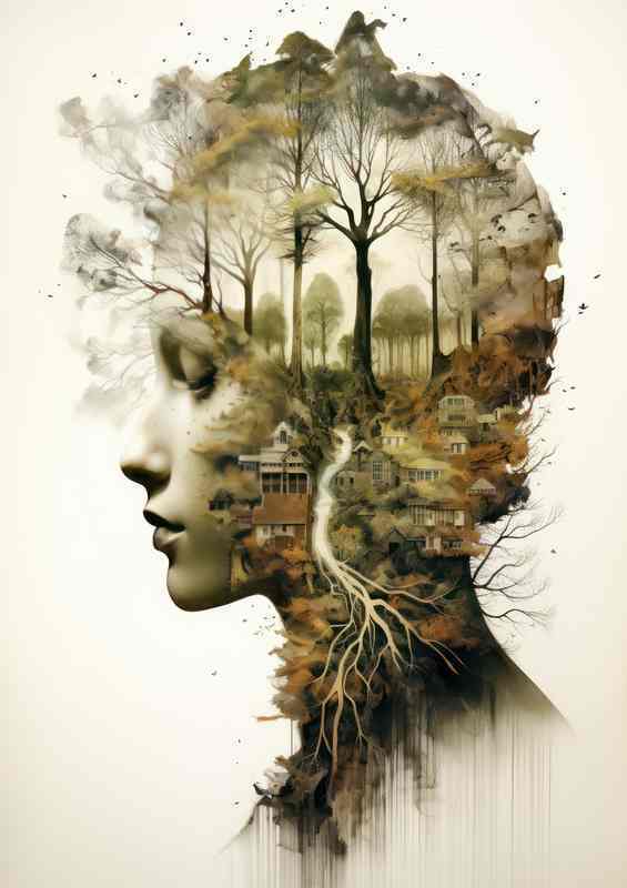 Wilderness in Layers Double Exposure Drama Womans Head