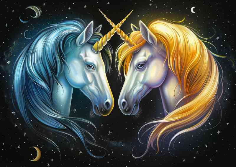 Two Unicorns with long manes and tails in gold and blue colours