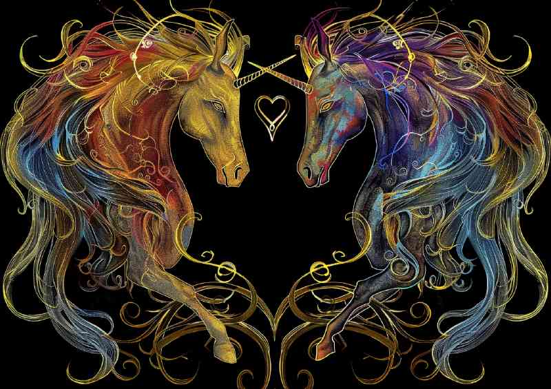 Two Unicorns with long manes and tails their colors
