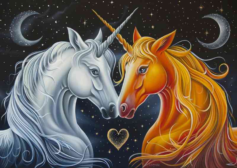 Two unicorns with long manes and tails white and golden orange