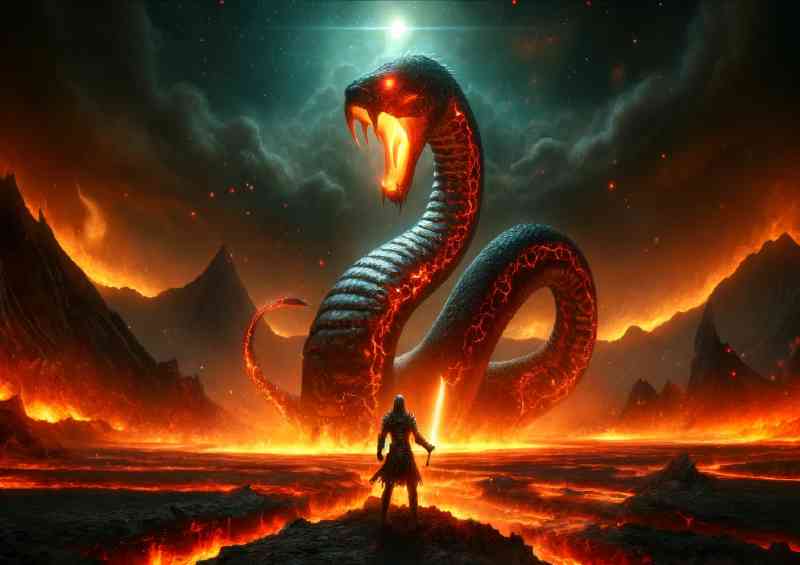 Warrior facing a giant Serpent in a fiery volcanic landscape