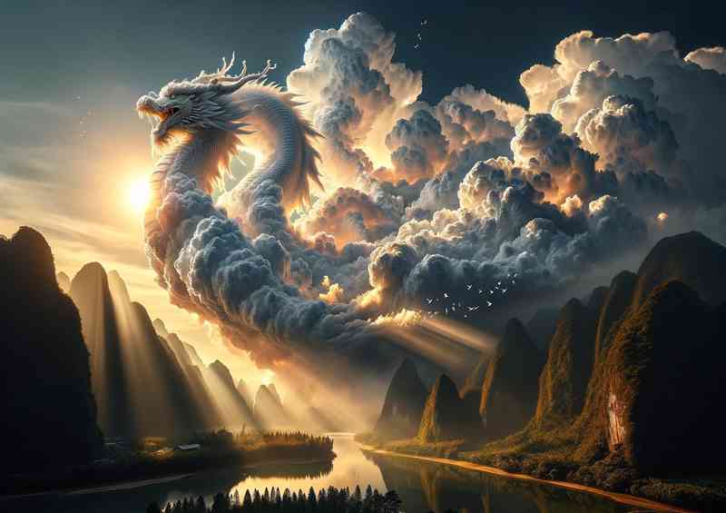 White clouds form the shape of a majestic dragon in the sky