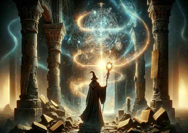 Wizard casting a powerful spell standing amidst crumbling ancient ruins