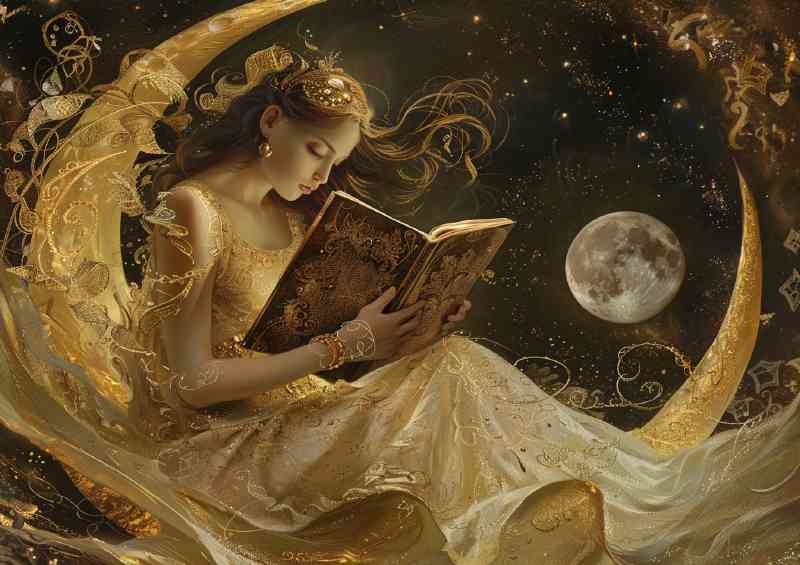 Woman reading a book in the moon on her hands