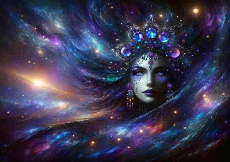 Woman with a cosmic aura her face sapphire and violet jewels