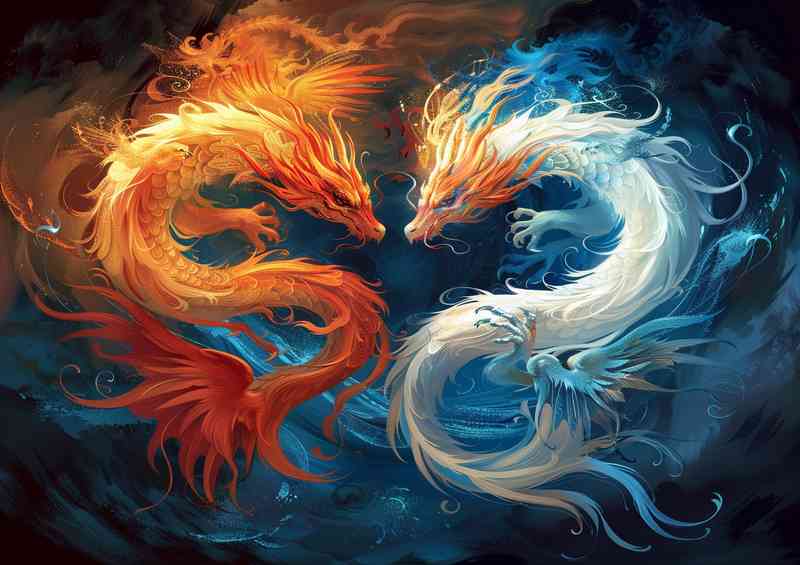 Yin and yang dragon in the air in the style of azure