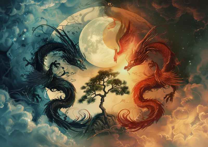 Yin yang symbol with a dragon on one side