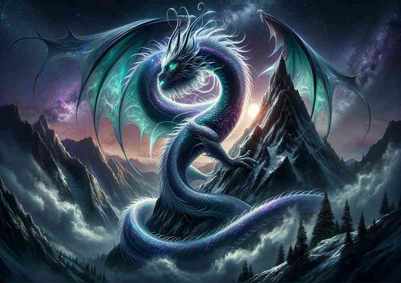 graceful dragon scales shimmering in iridescent blues and purples