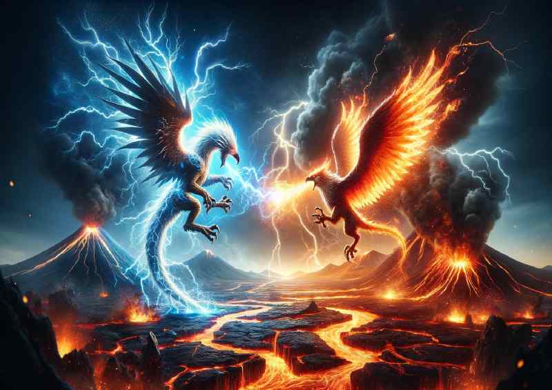 lightning Wyvern and a fire Griffin set above a volcano