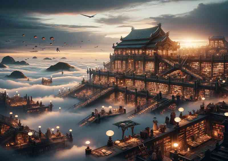 Ancient library floating among the clouds
