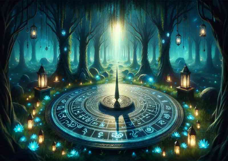 Ancient sundial positioned at the heart of a magical grove