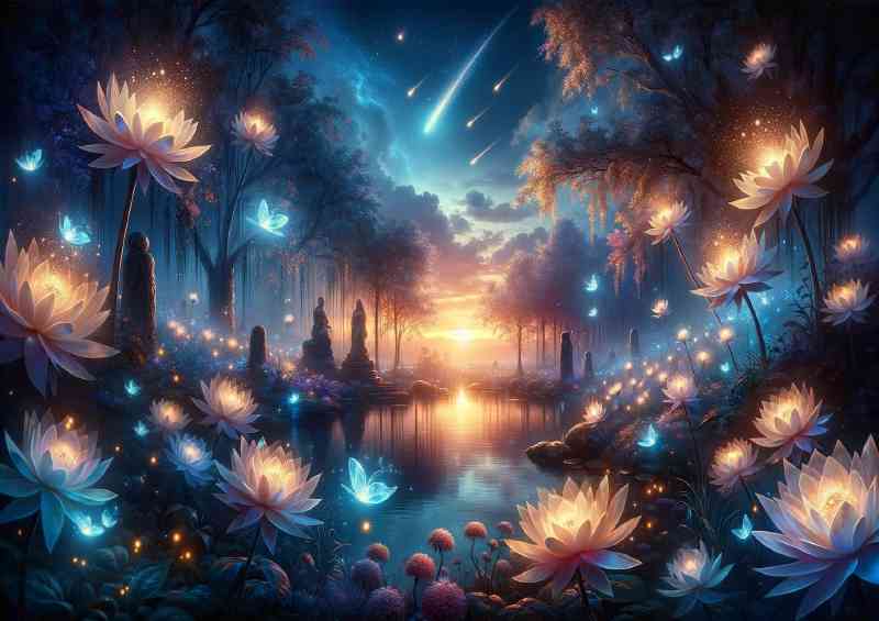 Celestial garden at dusk with ethereal flowers soft glowing light
