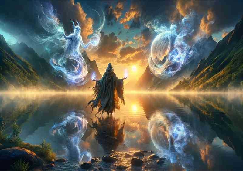 Druid accompanied by elemental spirits by a mystical lake at dusk | Metal Poster