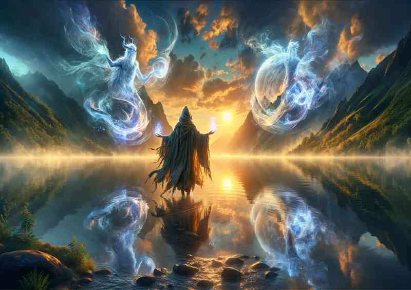 Druid accompanied by elemental spirits by a mystical lake at dusk