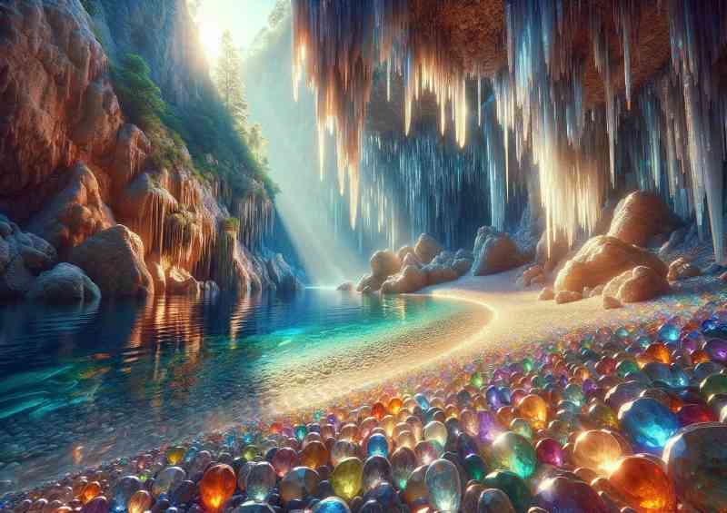 Ecluded cove where crystal stalactites hang from the cliffs