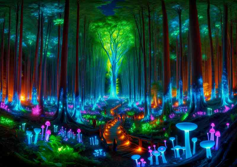 Enchanted forest with towering bioluminescent trees