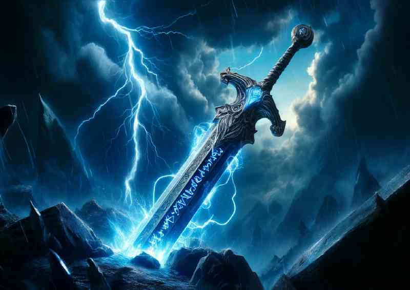 Enchanted sword glowing intensely with blue fire