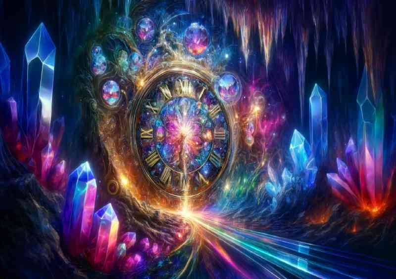 Enchanted timepiece embedded in a crystal cave