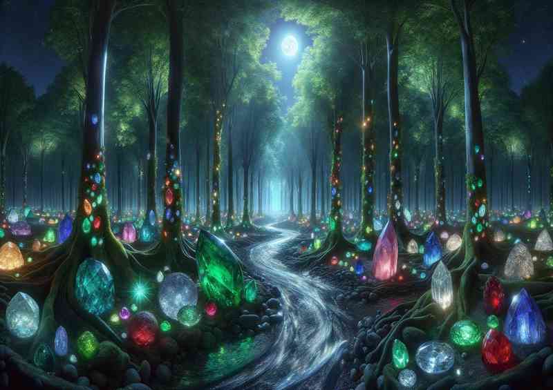 Mystical forest at night where the leaves on the trees are made