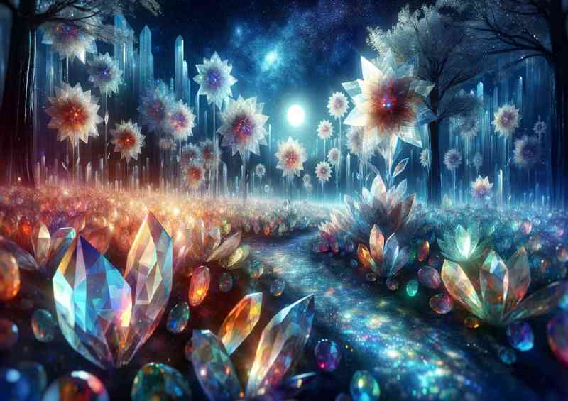 Mystical garden where crystal flowers bloom under a starlit sky