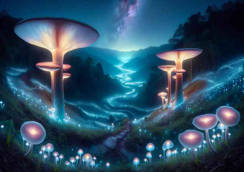 Mystical valley at night illuminated by giant