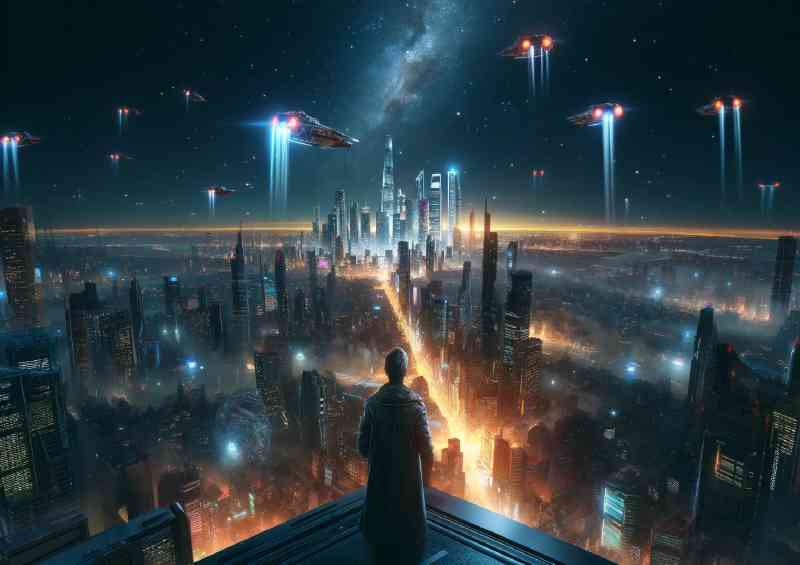 Rooftop encounter overlooking a sprawling city at night
