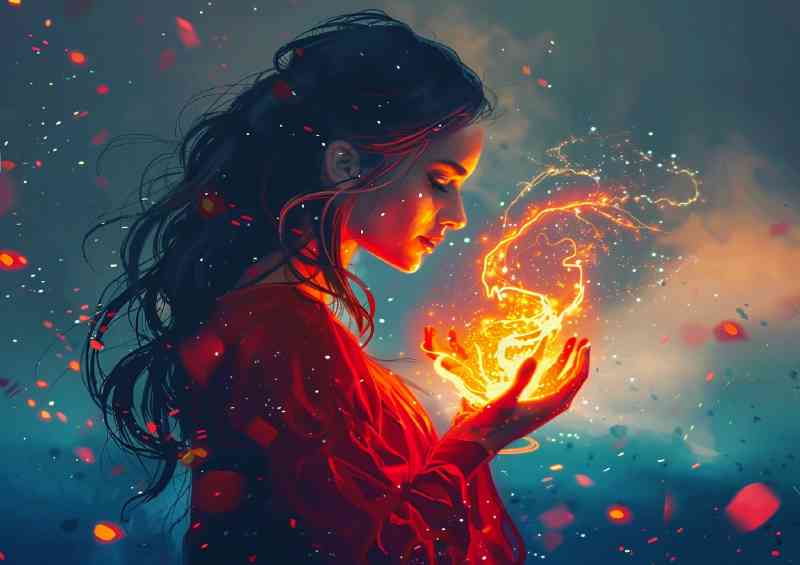 The Woman in red holds fire glowing in her hands