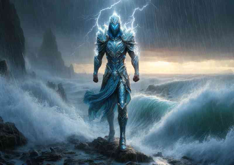Warrior clad in water themed armor, standing amidst a torrential rainstorm