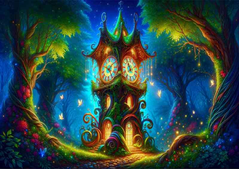 Whimsical clock tower its structure crafted from twisted vines and glowing leaves