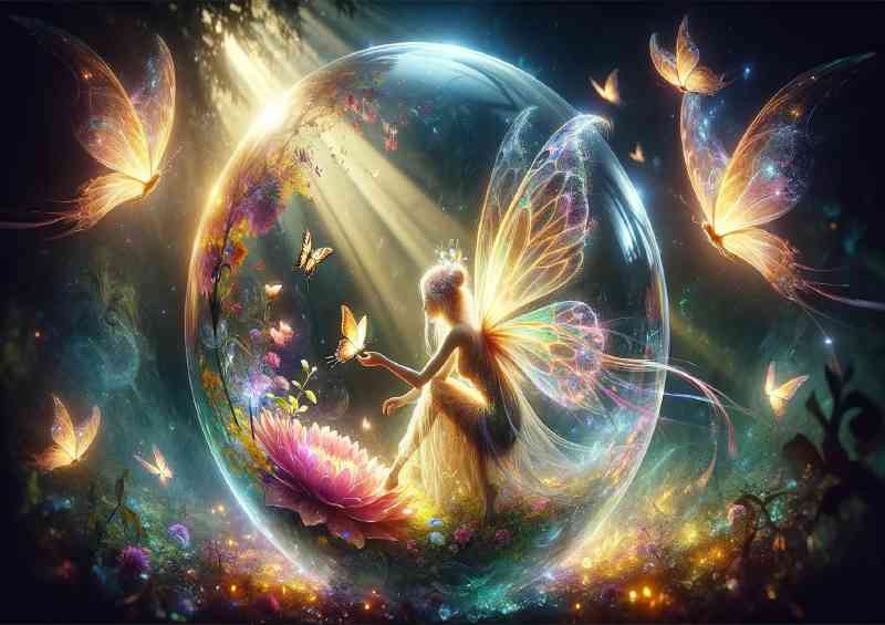 Fairy in a luminous crystal sphere interacting with glowing butterflies