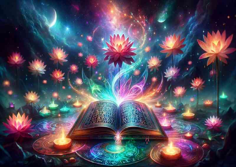 Magical Grimoire open celestial altar glowing lotus flowers