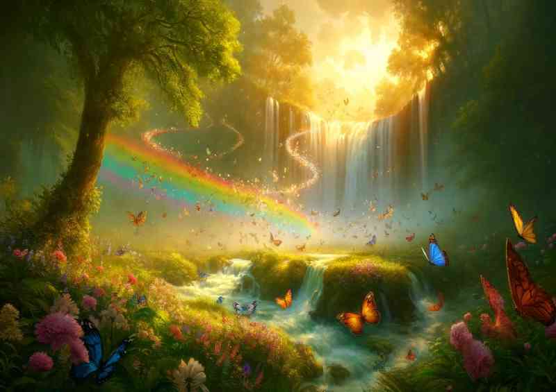 Serene nature scene with a multitude of colorful butterflies dancing