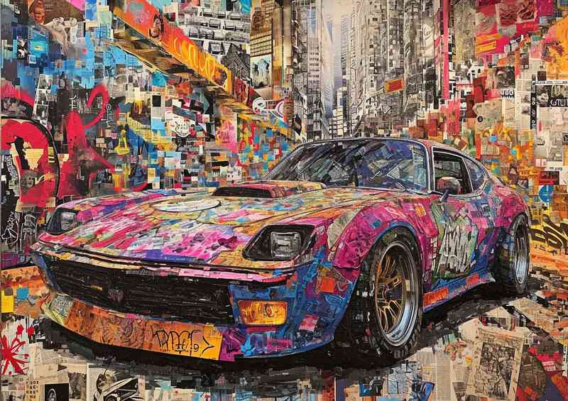 A modern car covered with graffiti down a street