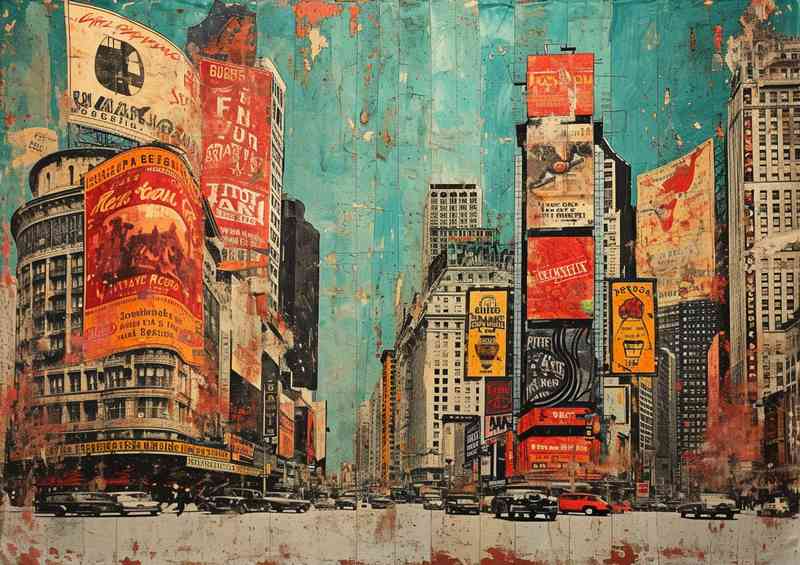 A old painting that shows several buildings with light blue sky