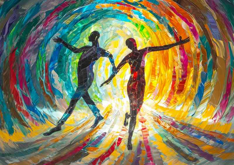 Abstract painting with two figures in a tunnel