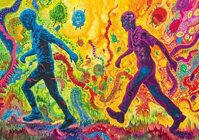 Abstract painting with two figures on a trail