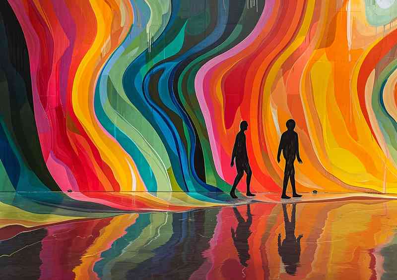 Abstract painting with two figures on a trail in a cavern