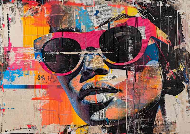 Art work lady in pink glasses with mixed media