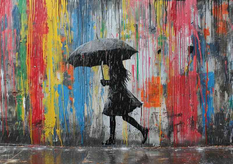 Banksy style girl with umberella in the coloured rain
