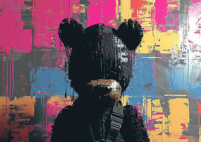Black teddy bear in the style of graffiti inspired