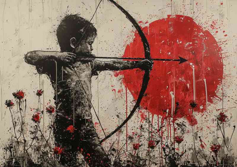 Boy with a bow artow in a flower field